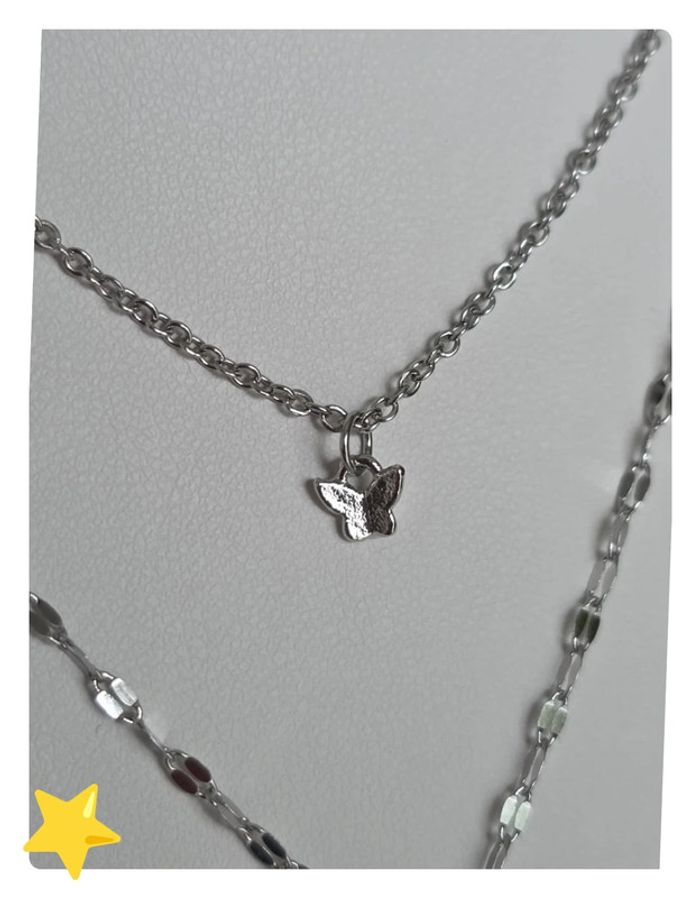 Collier double en acier inoxydable avec pendentif papillon et pierre d'ornement - photo numéro 3