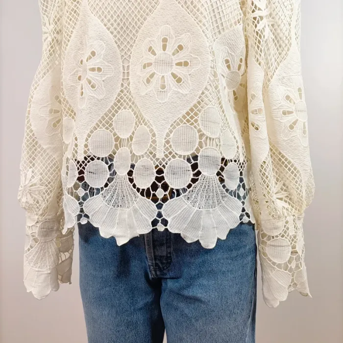 Blouse dentelle écrue Miss Chawn Paris col montant ajouré romantique – Taille M A735 - photo numéro 5