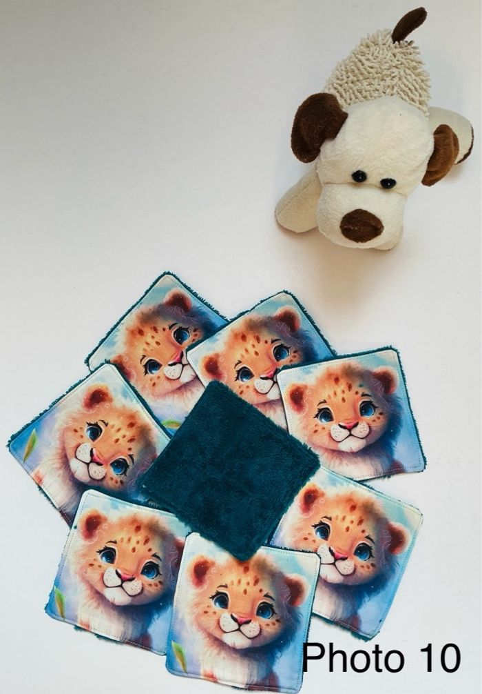 Lingettes lavables X8. Coton/éponge. Petits lions