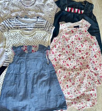 Lot fille 9 mois. Ensembles, robes, barboteuse, gilet et bob