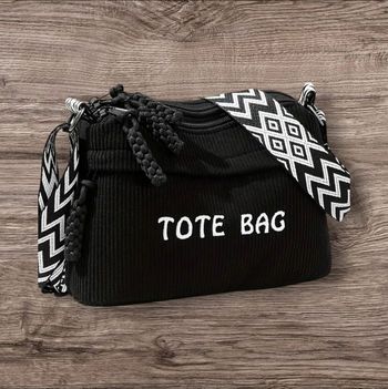 Sac bandoulière Tote Bag noir velours côtelé avec sangle bohème 