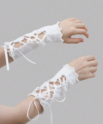 Paire de demi manche manchette * N E U F * blanc mitaine gant dentelle laçage sexy gothique