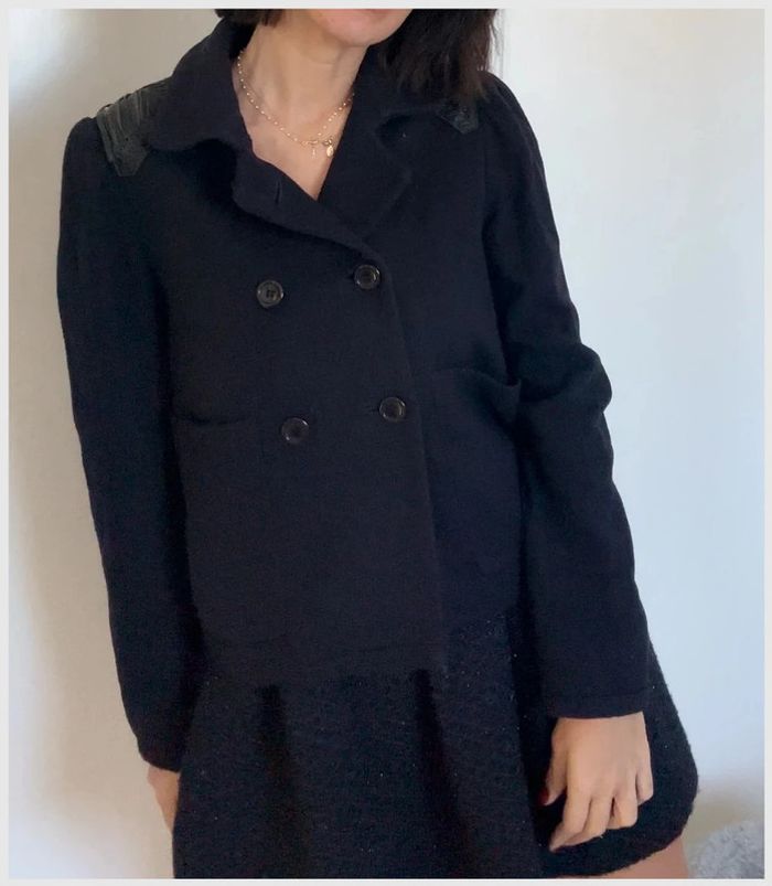 Manteau caban bleu marine laine et détails cuir - Maje - taille 38 - photo numéro 4