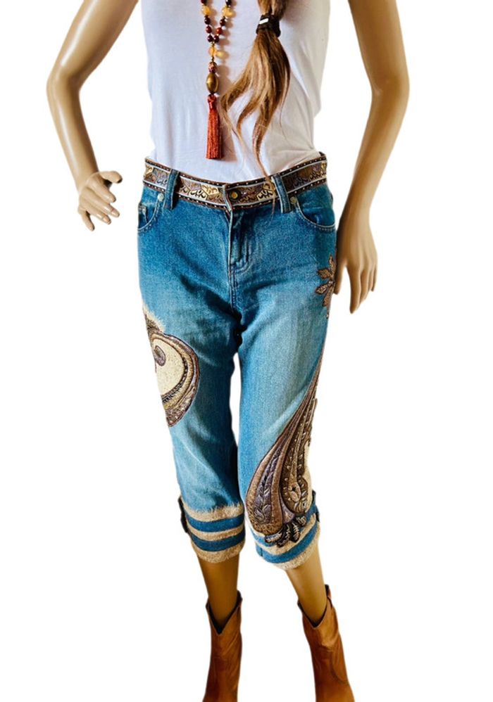 🤎🌿Jean court vintage folk hippie boho 70´s style floral paisley cropped jeans🌿🤎 - photo numéro 8