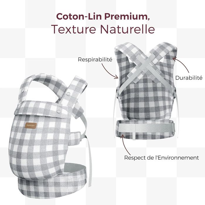 Porte-bébé Momcozy neuf – coton et lin, motif à carreaux bleu-gris - photo numéro 6