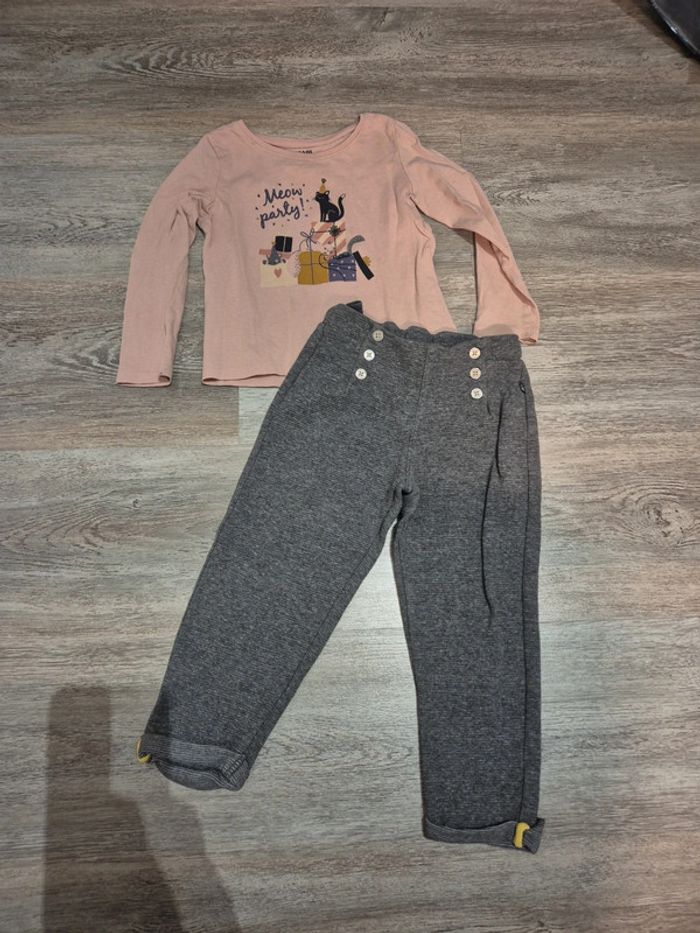 Pantalon gris à pont Obaibi et tee shirt manches longues rose
