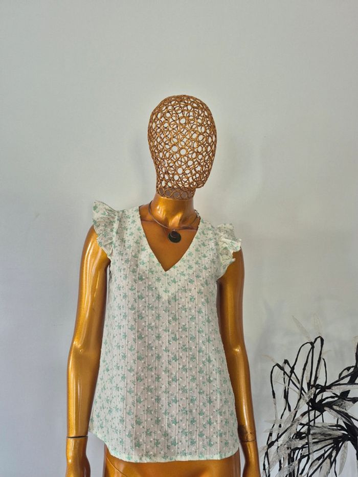 Blouse Manches Courtes Verte et Crème Femme Taille S/36