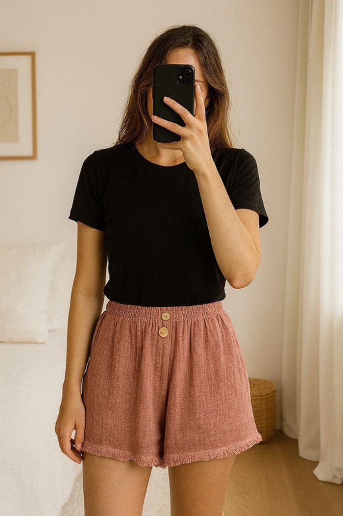 Short en coton texturé rose brique – Upcyclé par Tilli  – Pièce unique