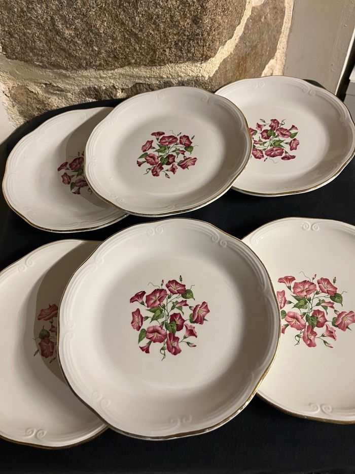 Magnifique lot de 6 petites assiettes à dessert ou fromage Liserons Roses de Gien Avec