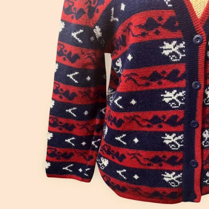 Cardigan vintage rétro bleu-rouge à motifs blancs – Taille XL Cozy & stylé - photo numéro 3