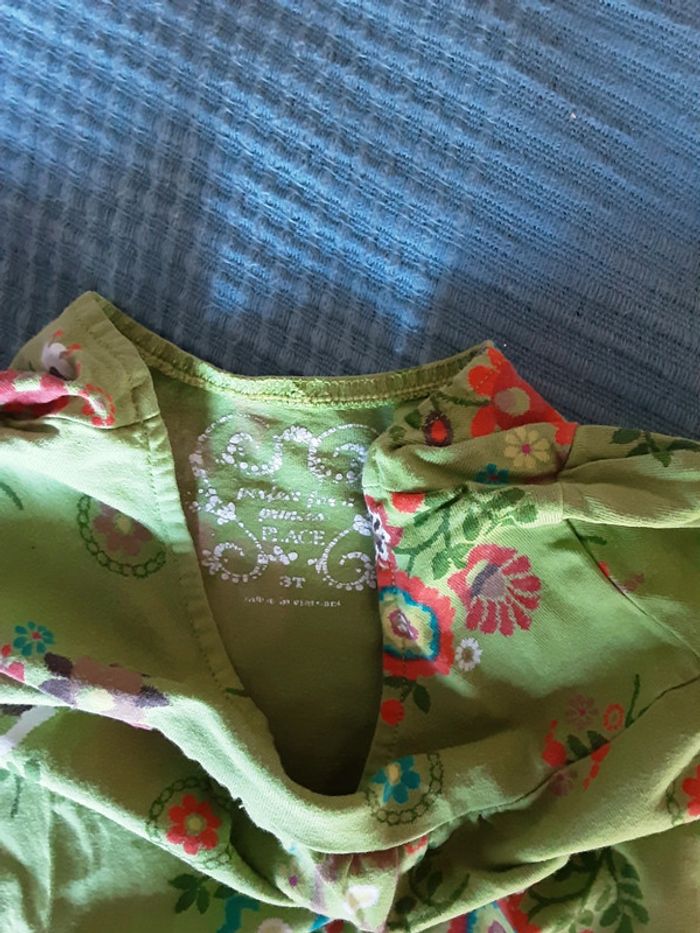 T-shirt chemise fleurs vert T. 3 ans - photo numéro 2