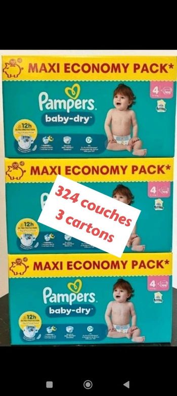 COUCHES PAMPERS TAILLE 4 BABY. DRY LOT DE 3 CARTONS SOIT 324 COUCHES AU TOTAL 