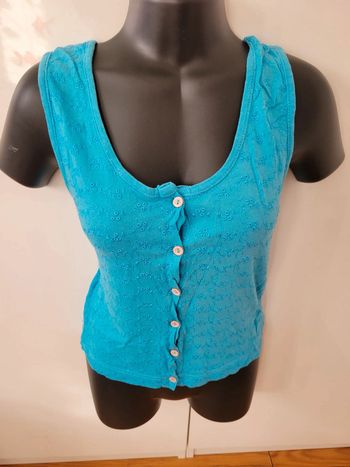 Tee shirt débardeur bleu turquoise broderies fleurs