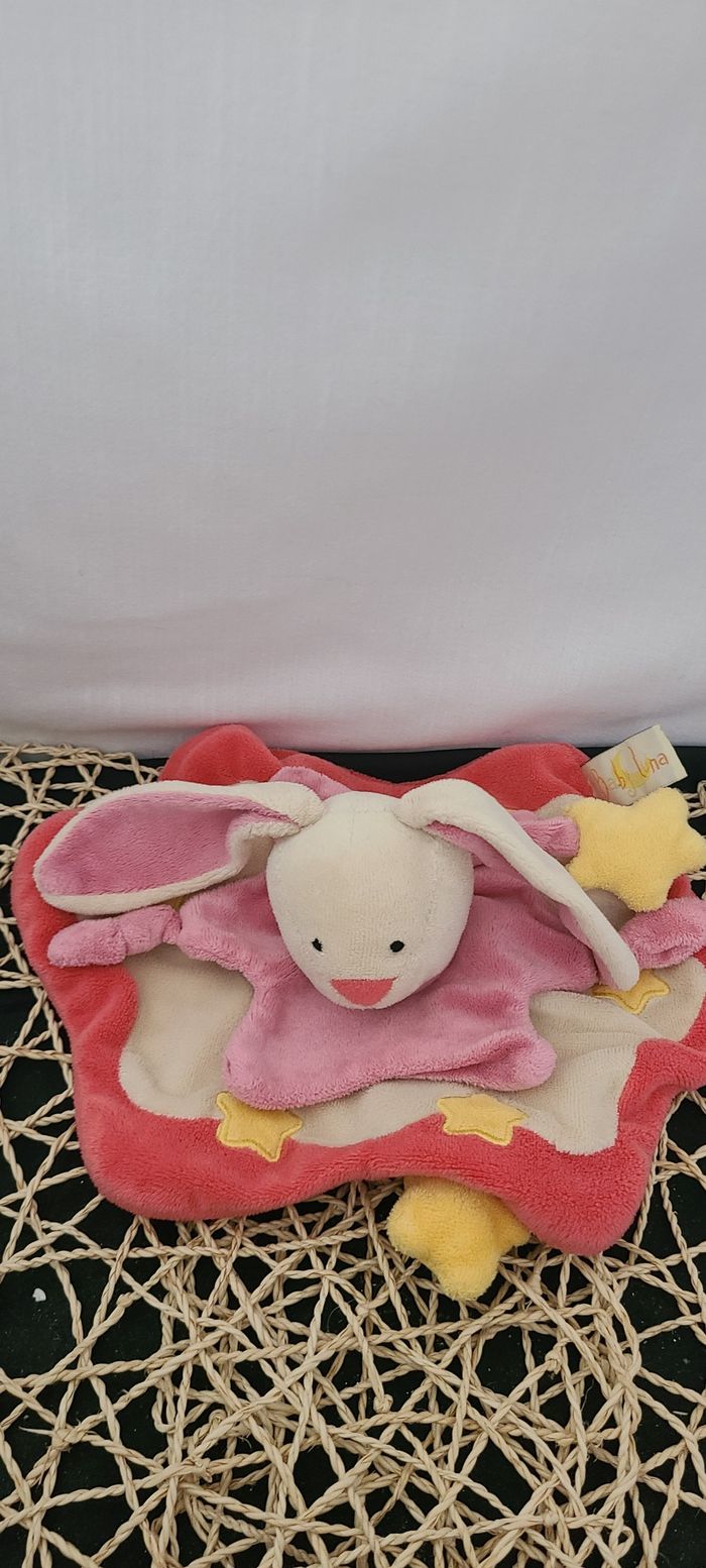 Doudou plat lapin rose blanc jaune étoiles BABY LUNA - photo numéro 3