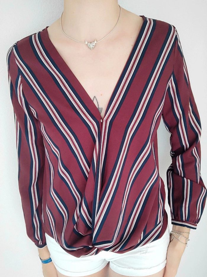Blouse col V rayé bordeaux bleu marine blanc / Pimkie Collection - 36/S - photo numéro 4