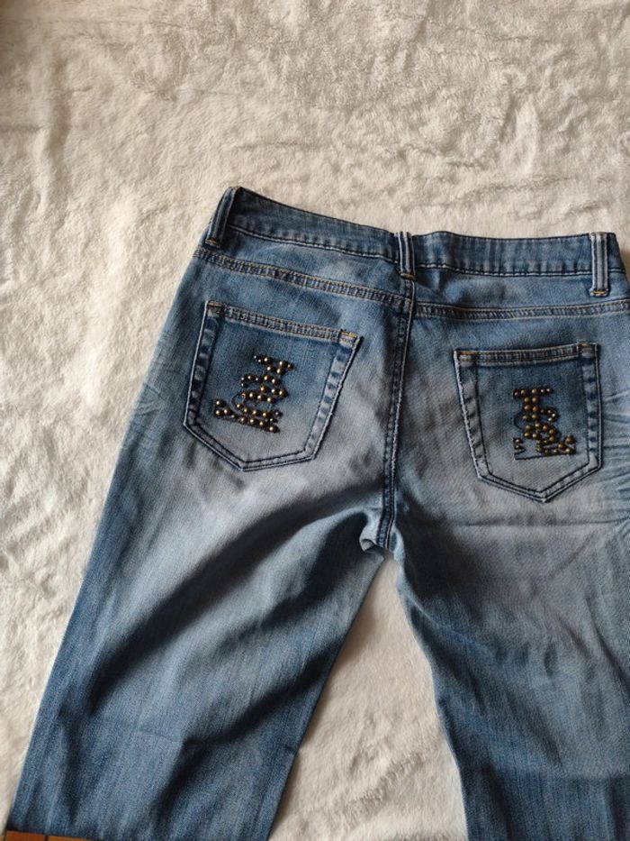 Jeans femme rétro vintage bleu ciel taille haute jambe large marque 3 suisse taille 38 - photo numéro 9