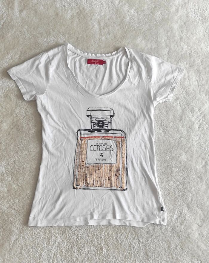 T-shirt blanc motif flacon de parfum Le temps des cerises strass doré 100% coton - photo numéro 4
