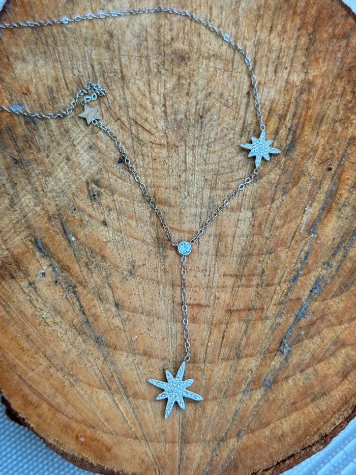 Collier V réglable acier inoxydable argent croix étoile cristaux - photo numéro 4