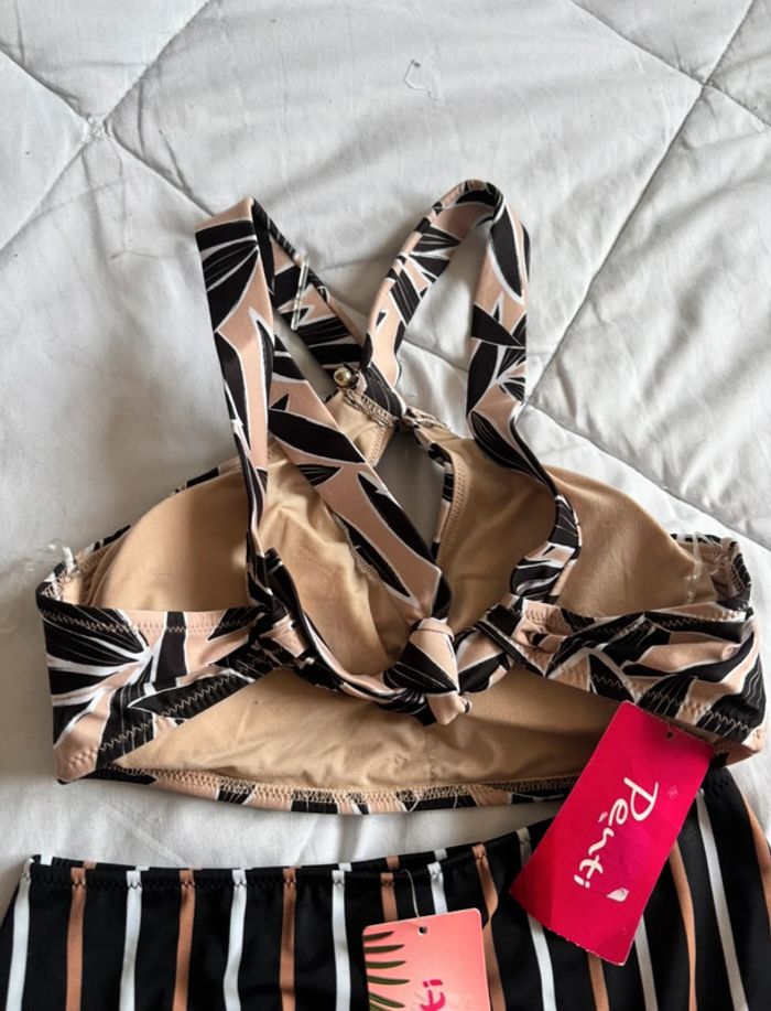 Ensemble maillot de bain bikini motif rayé feuillage multicolore Penti taille XS/34 neuf - photo numéro 4