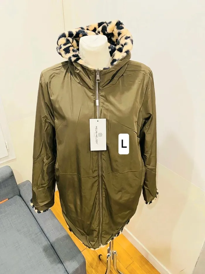 Manteau parka femme imperméable réversible fourré kaki/léopard taille L - photo numéro 2