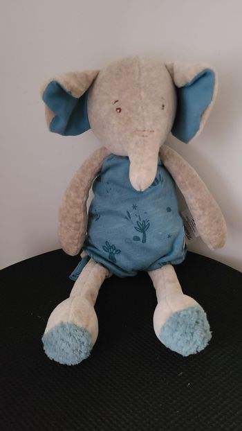 Doudou éléphant bleu gris Bergamote Sous mon baobab MOULIN ROTY
