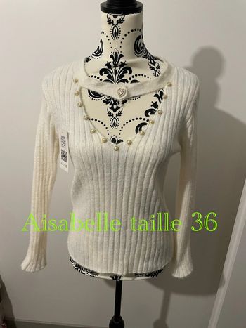 Pull manche longue tout doux blanc perle strass col V cœur neuf Aisabelle taille 36