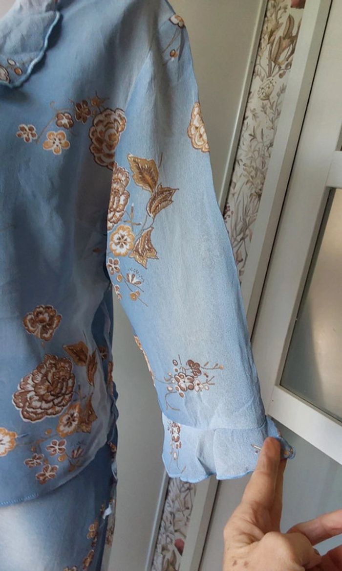 Superbe ensemble fluide Vintage bleu fleuri marron jupe et veste boléro T40 - photo numéro 5