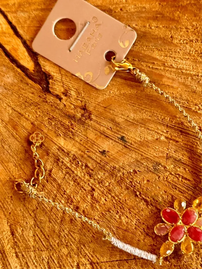 Bracelet cordons beige doré grosse fleurs quartz jade rose jaspe habaha Paris - photo numéro 4