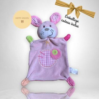 Peluche Doudou rectangle lapin rose a carreau nicotoy DP102