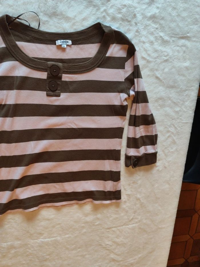 Maillot manche longue femme rayer rose marron marque zamba taille 2 - photo numéro 4