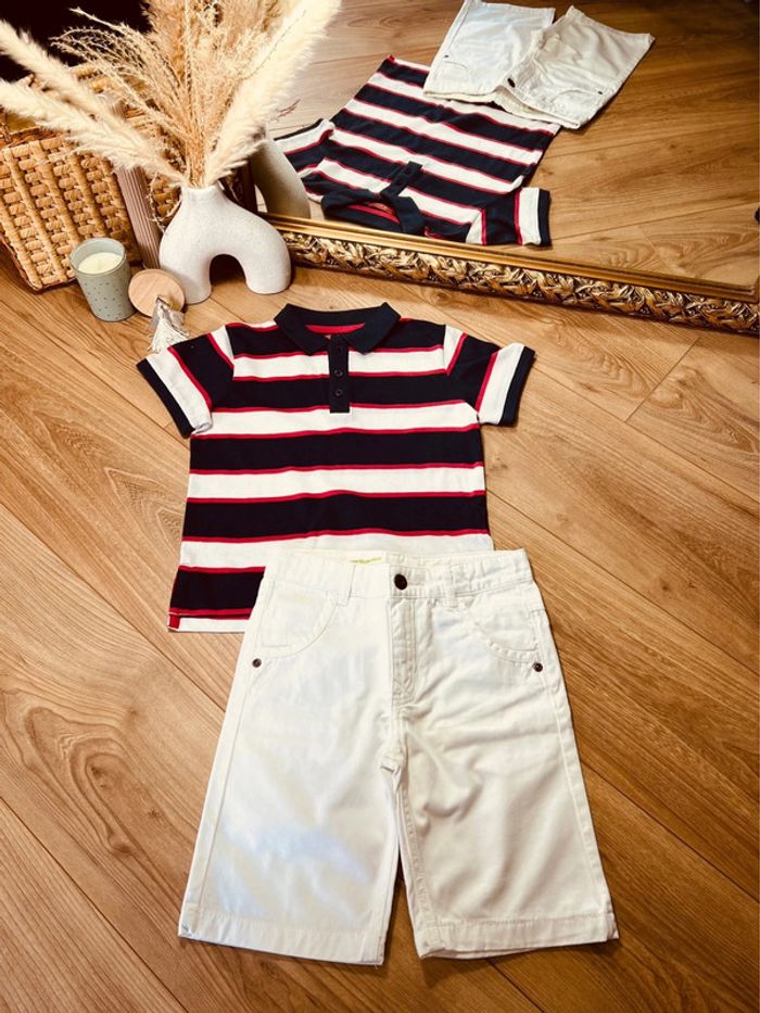 Taille 6 ans ensemble 2p été garçon vertbaudet Tissaia bleu marine blanc rouge * rayures * 💙