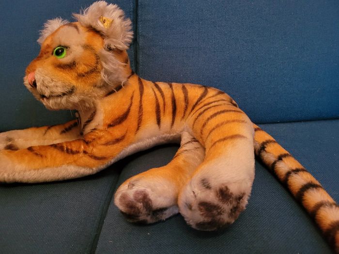 RARE Grand tigre peluche rigide ancien Steiff 60cm yeux verts doudou collection Inde - photo numéro 7