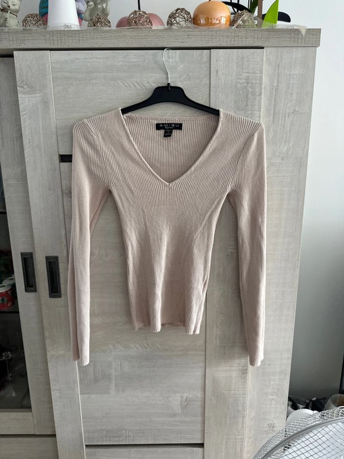 Pull col V beige taille S