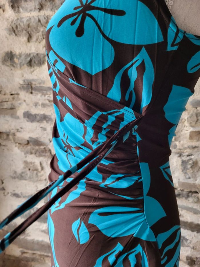 Robe longue d'été à fleurs hawaïennes turquoise marron dentelle au dos La Redoute Taille 36/38 - photo numéro 9