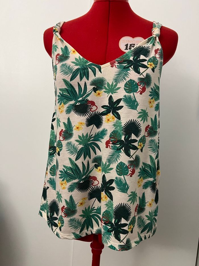 Débardeur imprimé tropical blanc et vert Camaïeu