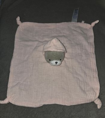 Doudou chat avec capuche carré plat lange rose - Obaibi