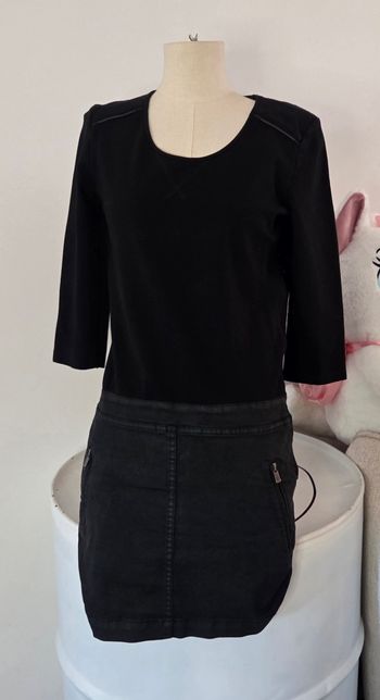 IKKS – Robe Noire Bi-Matière Effet Cuir – T40 – Rock Chic Intemporelle