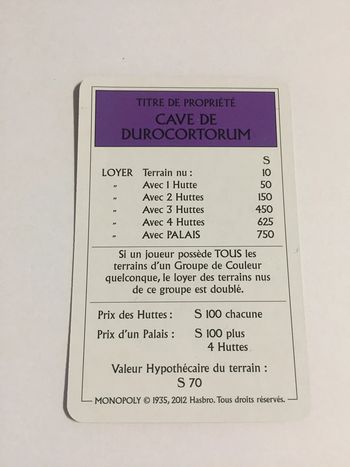 Carte cave de durocortorum pièce jeu de société Monopoly le tour de Gaule d'Astérix Hasbro #A53