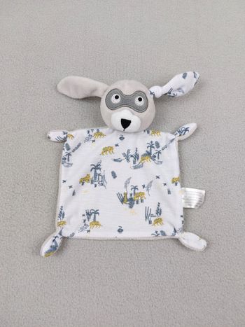 Doudou plat lapin chien gris IKKS BERDOUES masque gris blanc jaune savane tigre