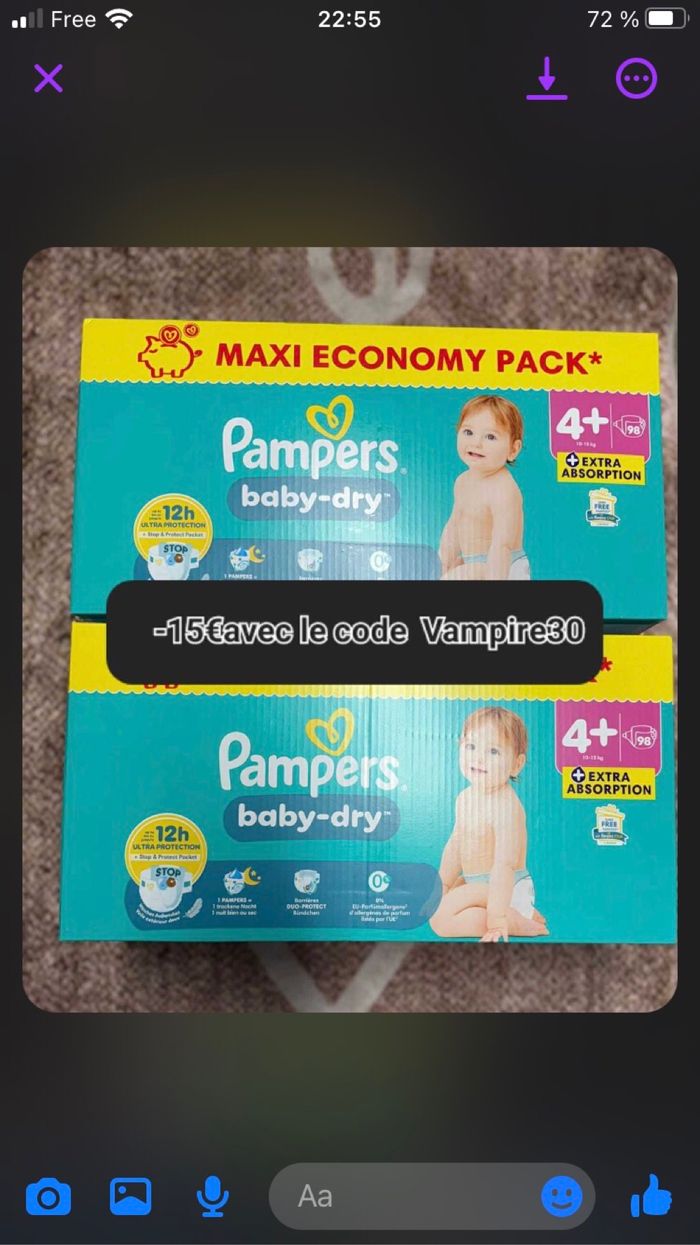 2 carton de couche Pampers taille 4