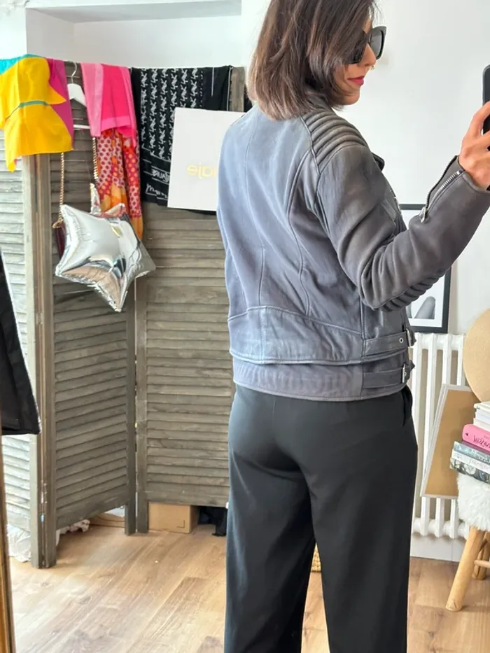 Perfecto The Kooples gris bleu taille 40 en daim - photo numéro 2