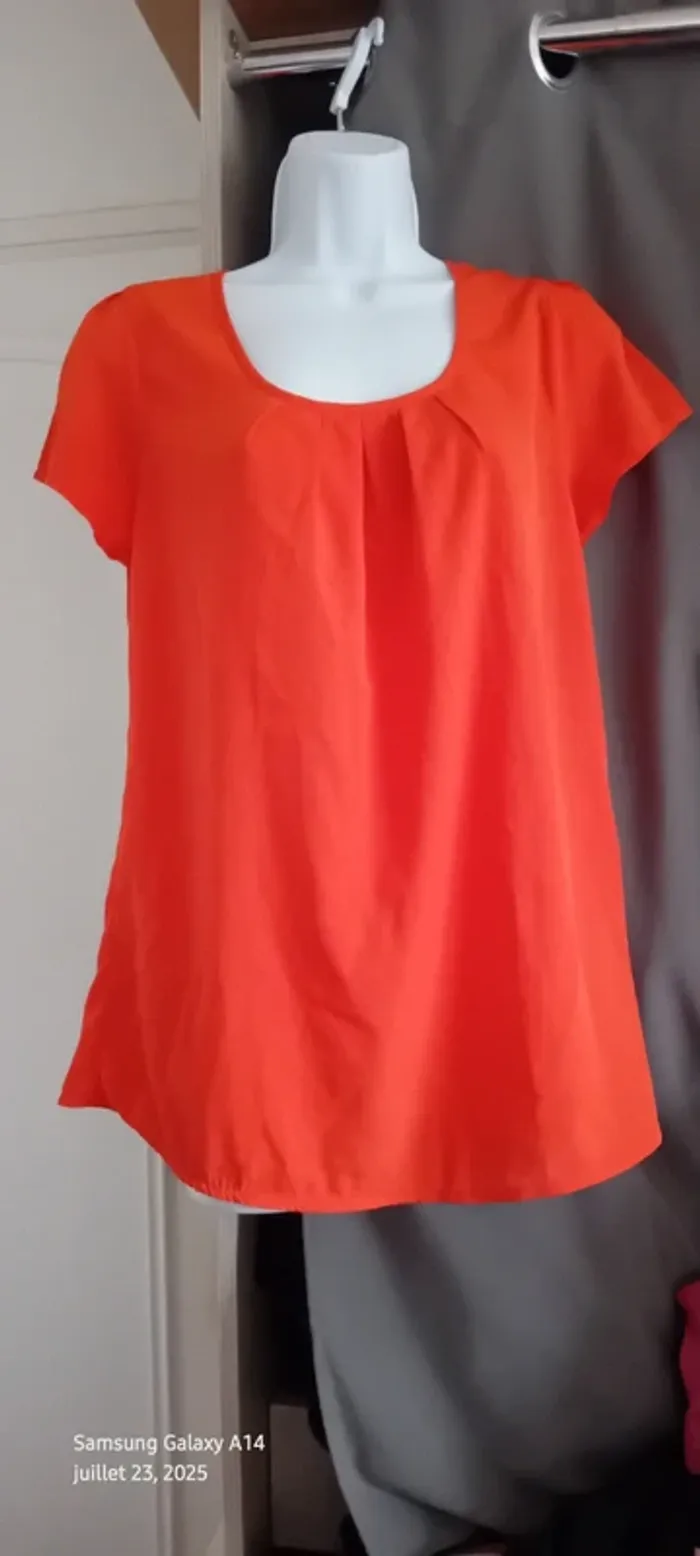 Blouse légère manches courtes col rond ouverture goutte d eau au dos orange femme L - photo numéro 7