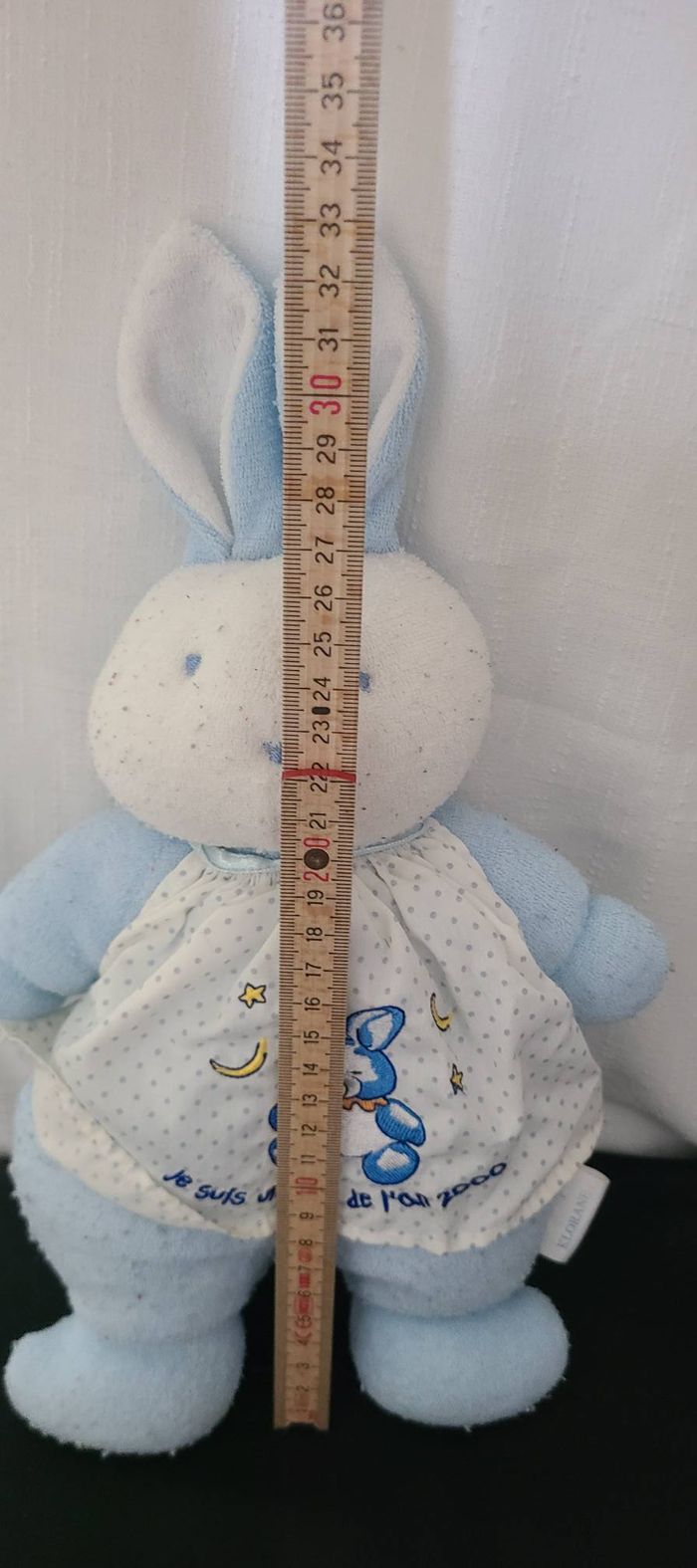 Doudou Peluche Lapin Bleu Blanc Tablier Pois Je Suis Un Bebe De L'An 2000 Klorane - photo numéro 2