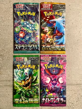 Lot 4 boosters japonais cartes Pokémon dont couronne stellaire et fable nébuleuse