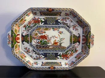Plat octogonal en porcelaine, décor floral, oiseau Art asiatique, style Imari
