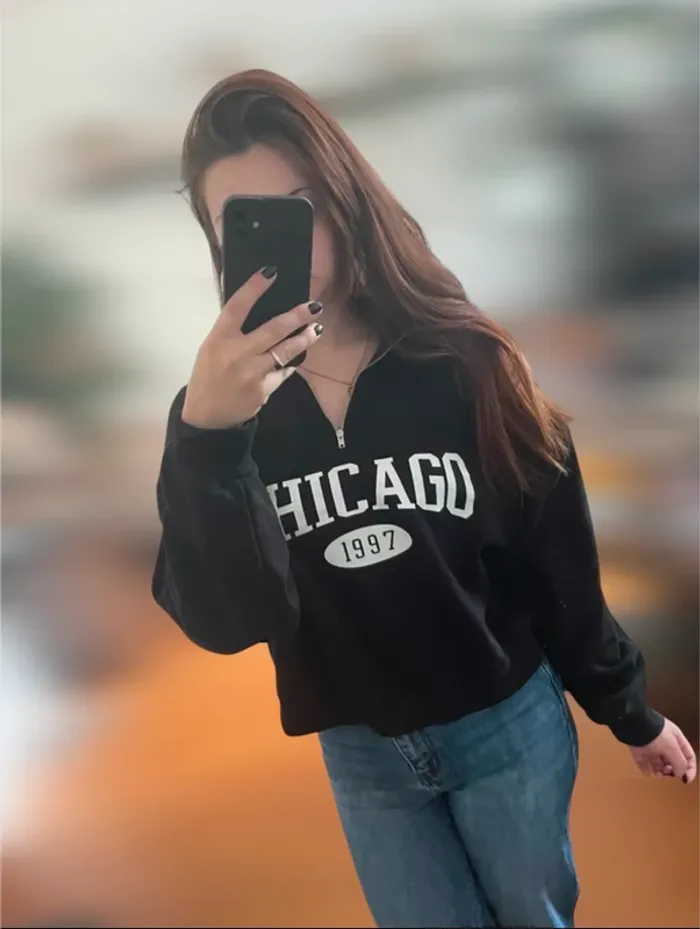 Sweat pull col camionneur à zip noir Chicago blanc oversize streetwear