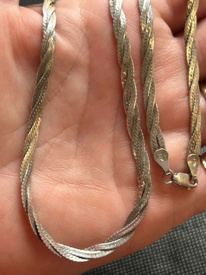 Beau collier plat en argent massif tressé femme TBE - photo numéro 4