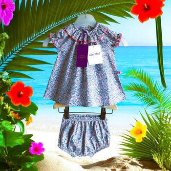 ABSORBA - NEW - 2P BÉBÉ FILLE IMPRIMÉ LIBERTY, VOLANTS & GUIPURE TONS FLUOS 1M