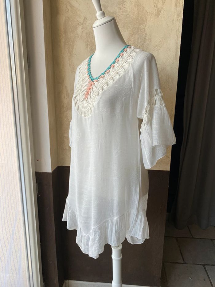 Tunique /robe blanche crochet pompons M/L - photo numéro 3
