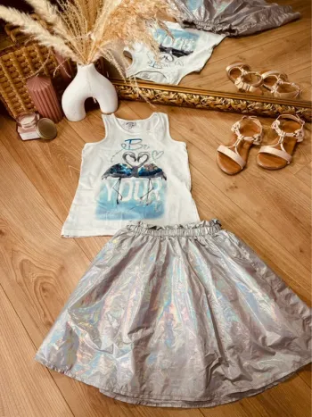 Taille 6 ans tenue 2 pièces fille Ovs Galeries Lafayette blanc bleu argenté * be you * 🩷